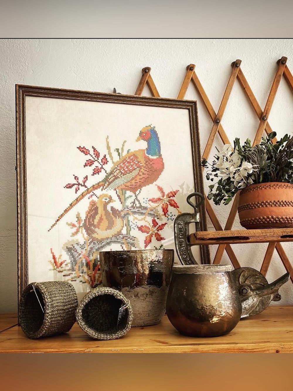 Vintage Framed Crewel Embroidery Birds Pheasant Fall Flowers XL